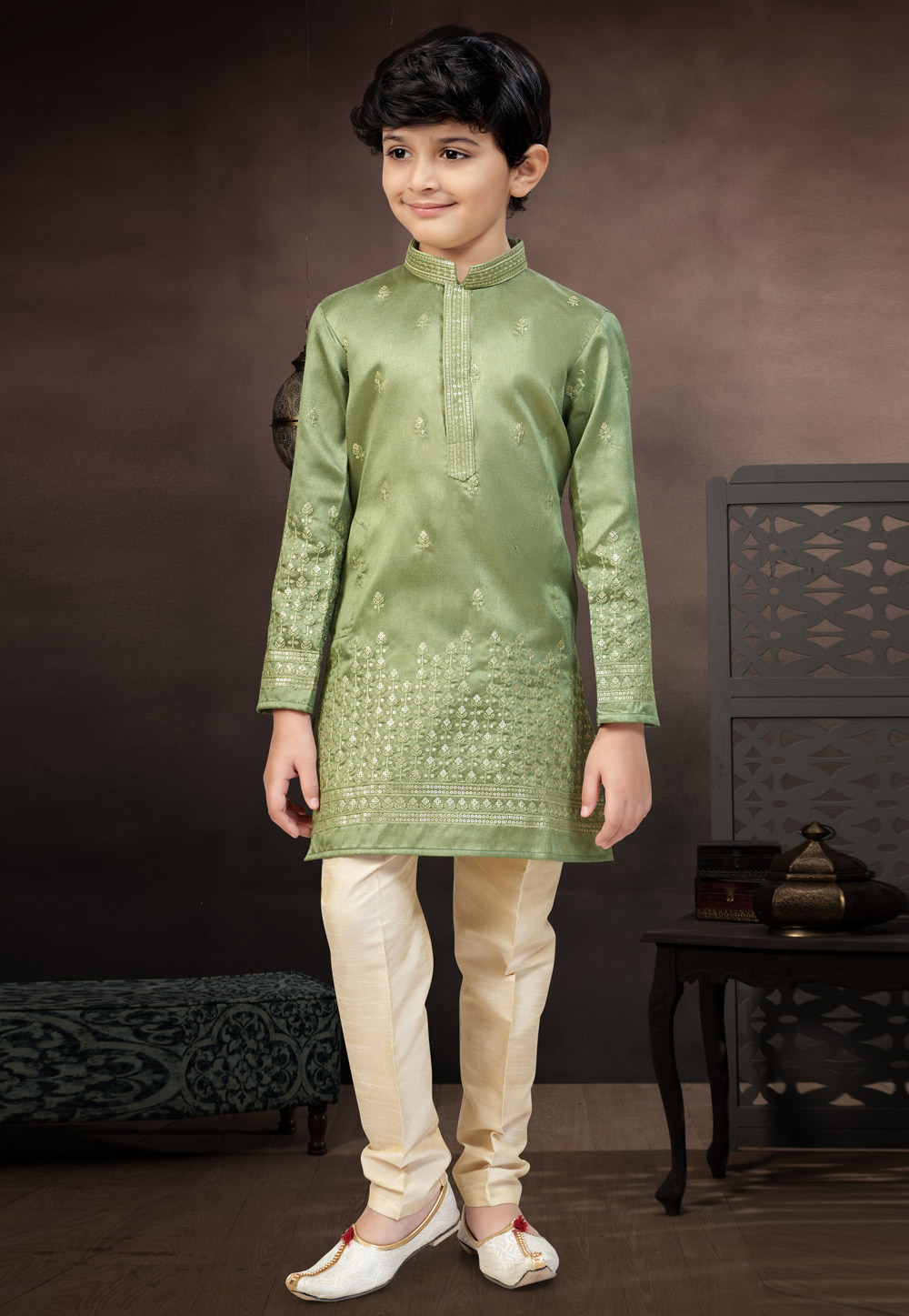 Green Silk Kids Kurta Pajama 328730