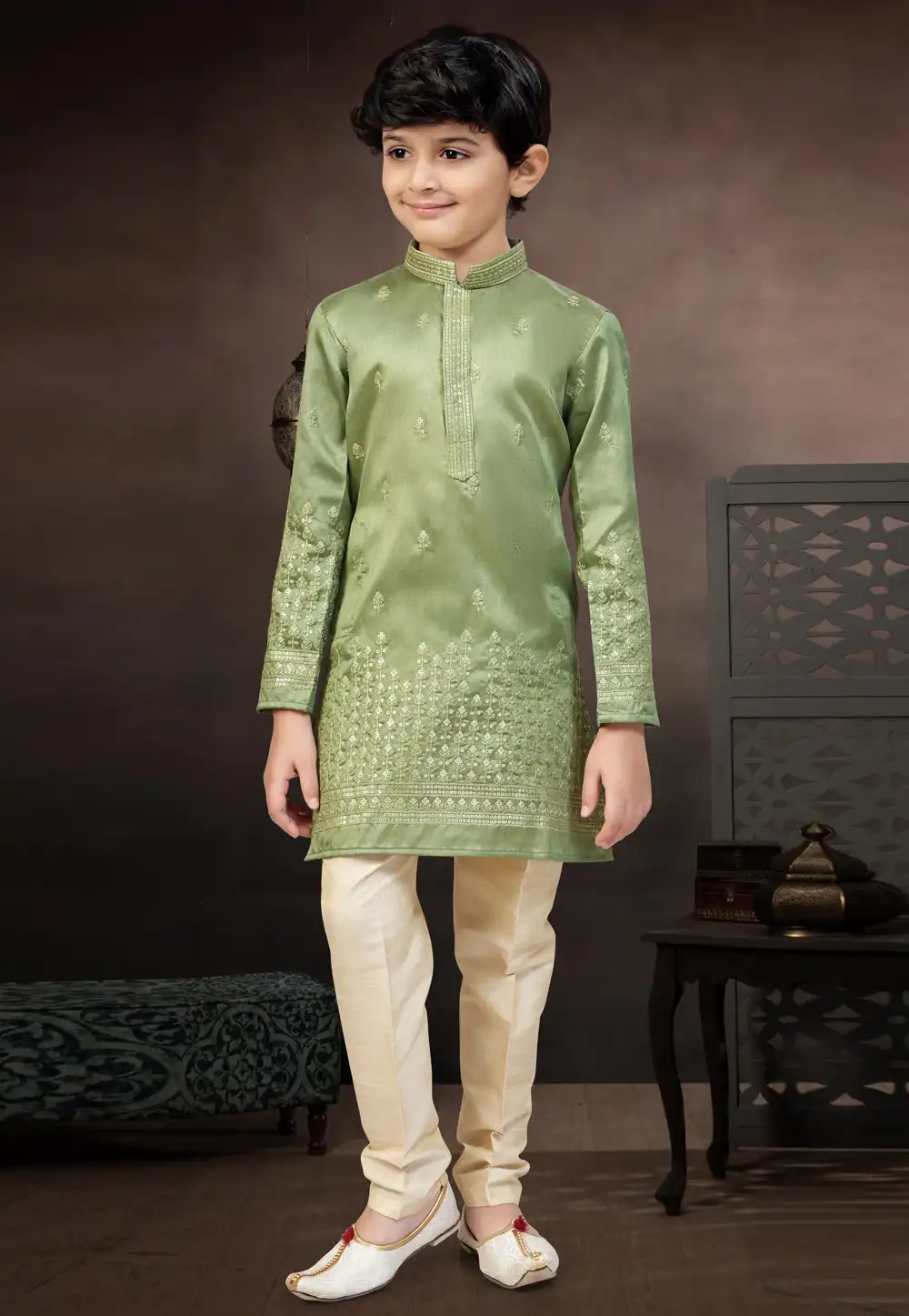 Green Silk Kids Kurta Pajama 328730