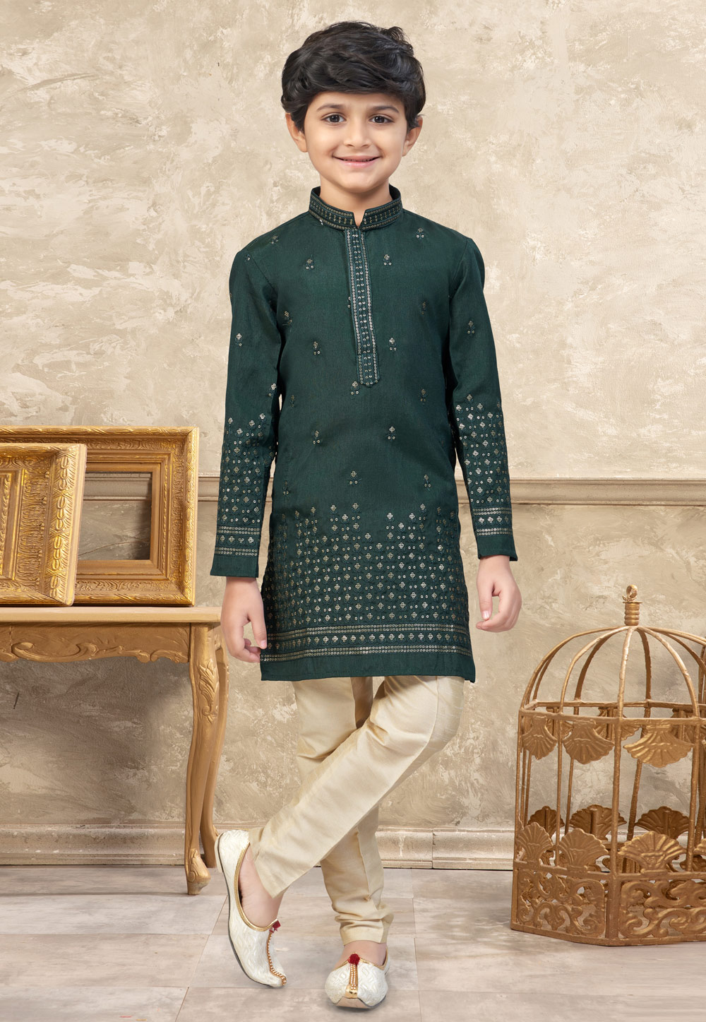 Green Silk Kids Kurta Pajama 328732