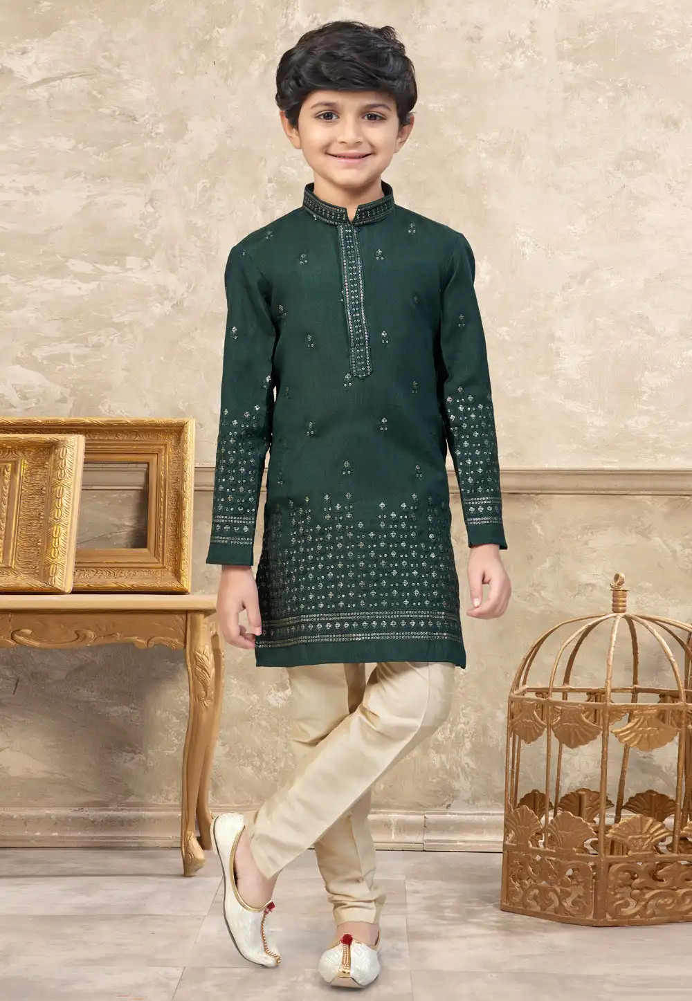 Green Silk Kids Kurta Pajama 328732