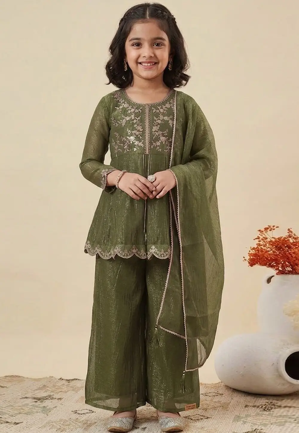 Green Silk Kids Palazzo Suit 334093