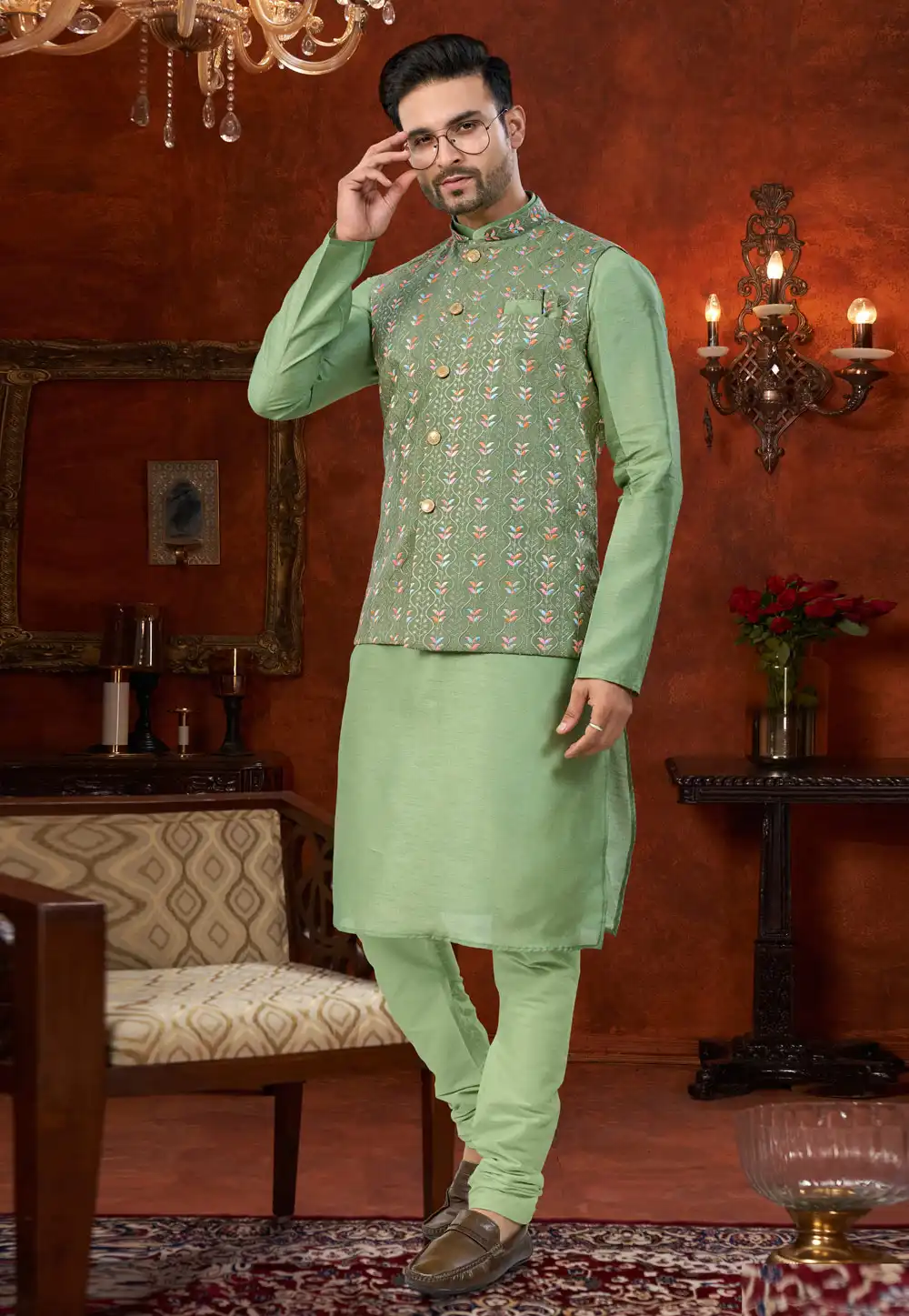 Green Silk Kurta Pajama With Jacket 324597
