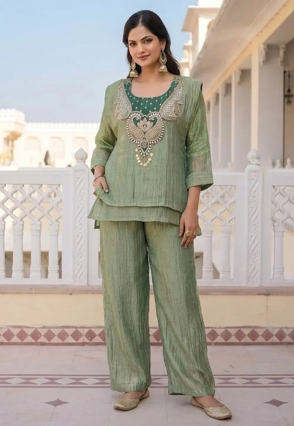 Green Silk Kurta Set With Palazzo 337175