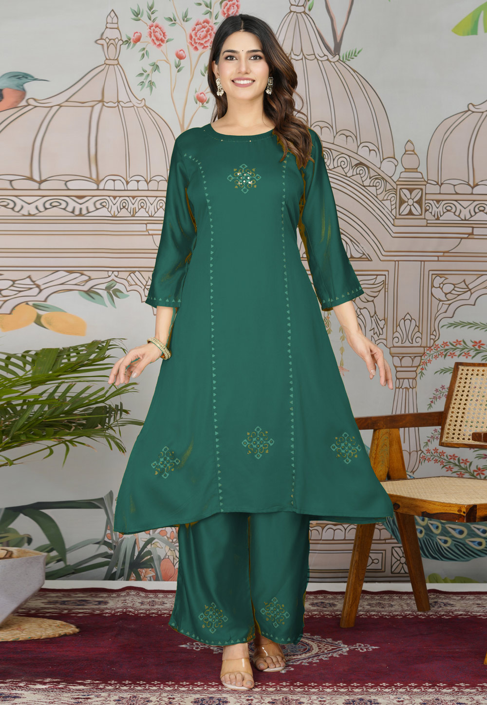 Green Silk Kurta Set With Palazzo 308337