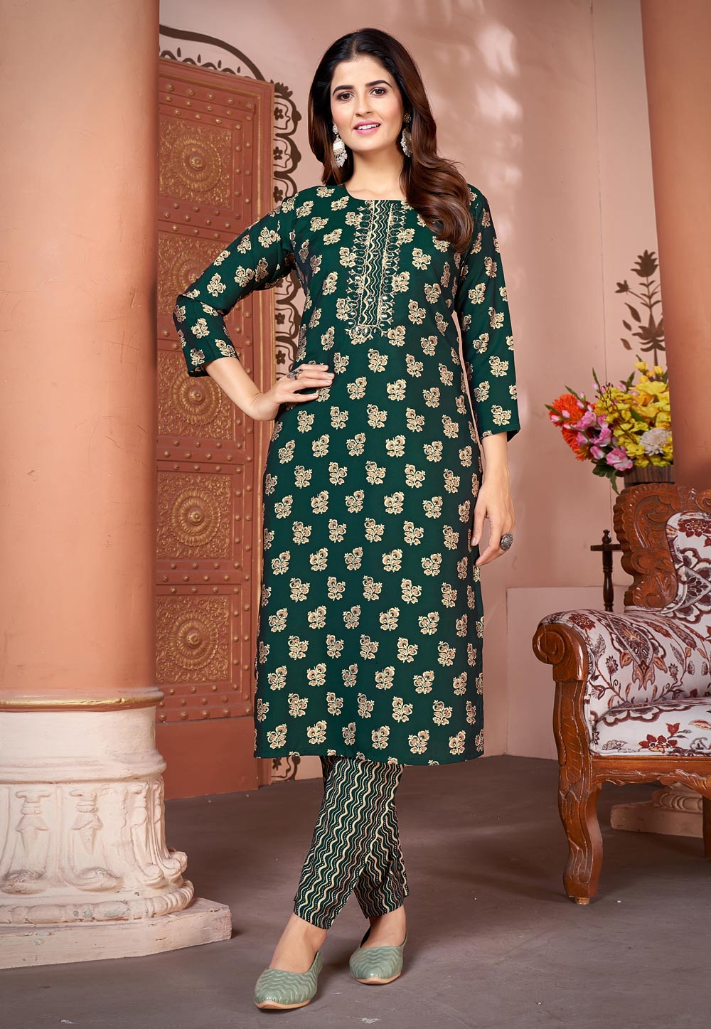 Green Silk Kurta Set With Pent 283008