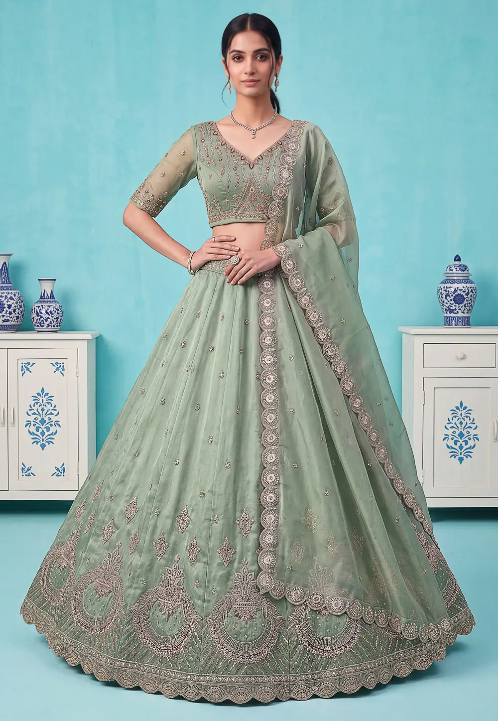 Green Silk Lehenga Choli For Wedding 336684