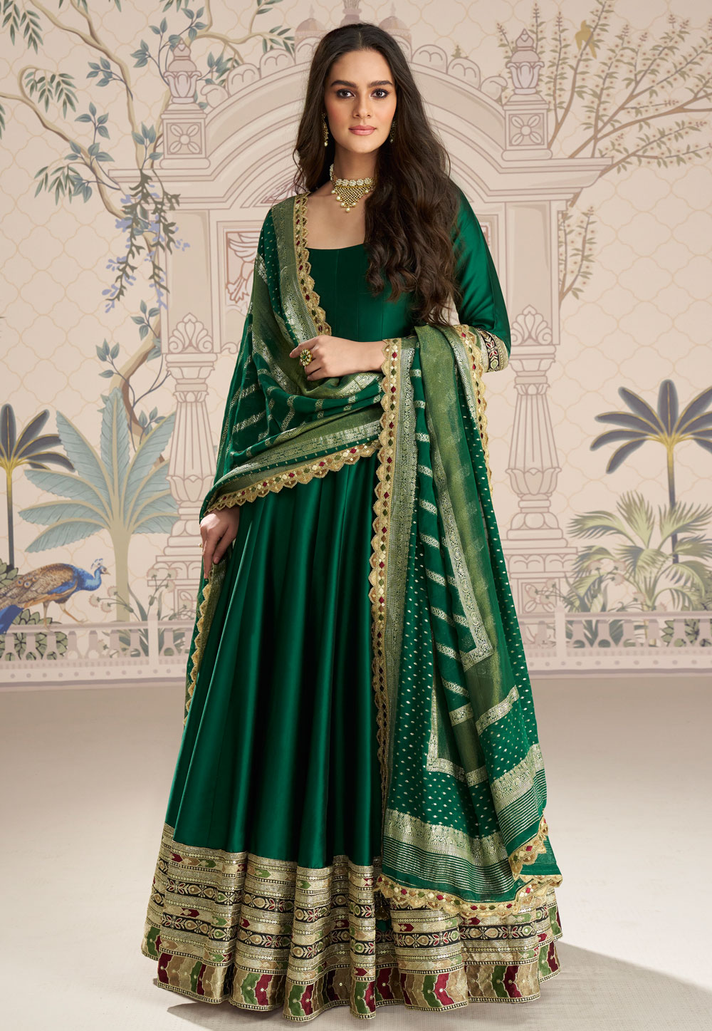 Green Silk Long Anarkali Suit 320757