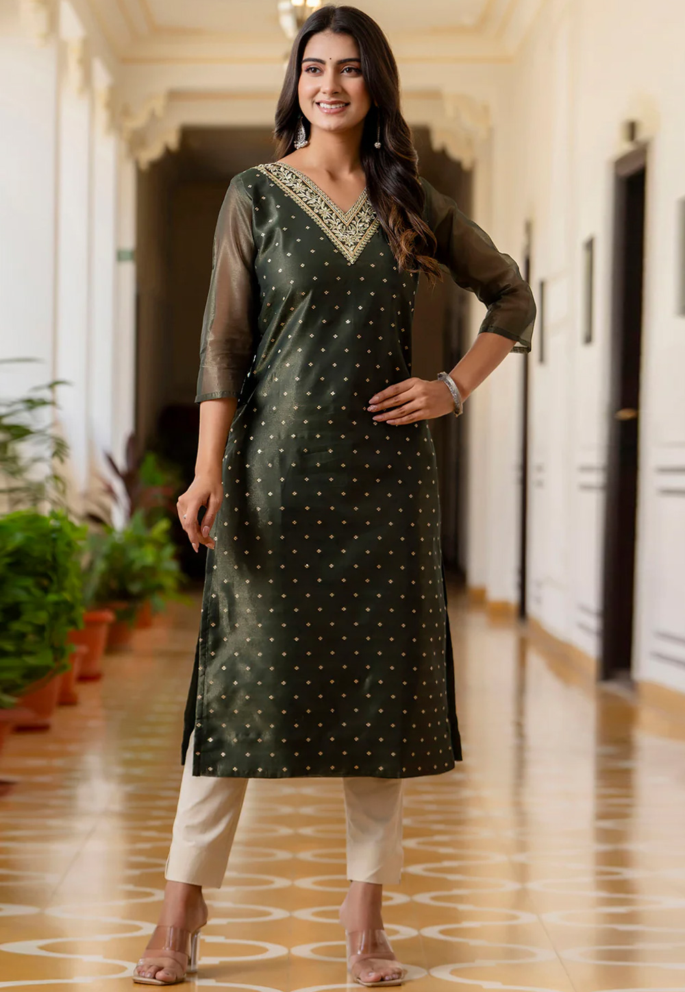 Green Silk Long Kurti 307055