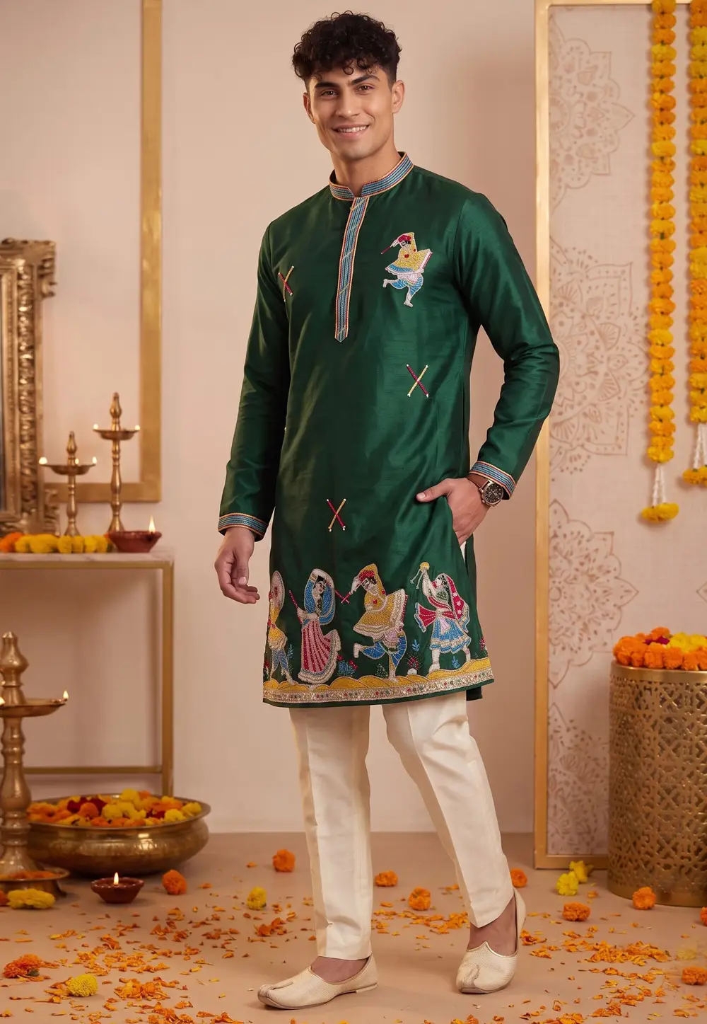 Green Silk Navratri Kurta Pajama 334647