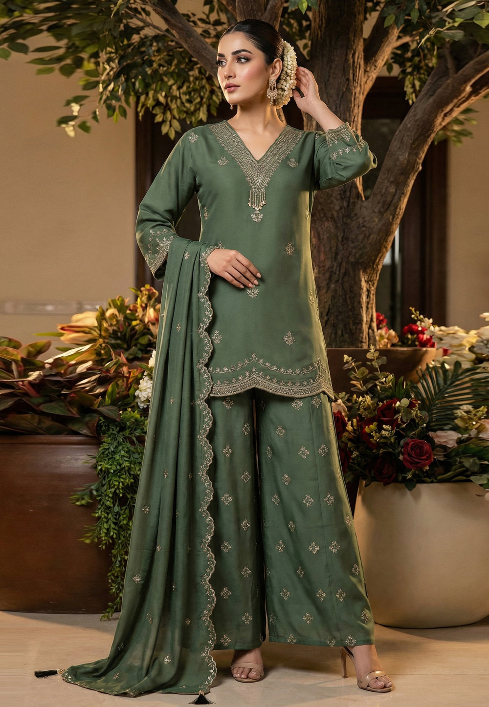 Green Silk Pakistani Suit 327310