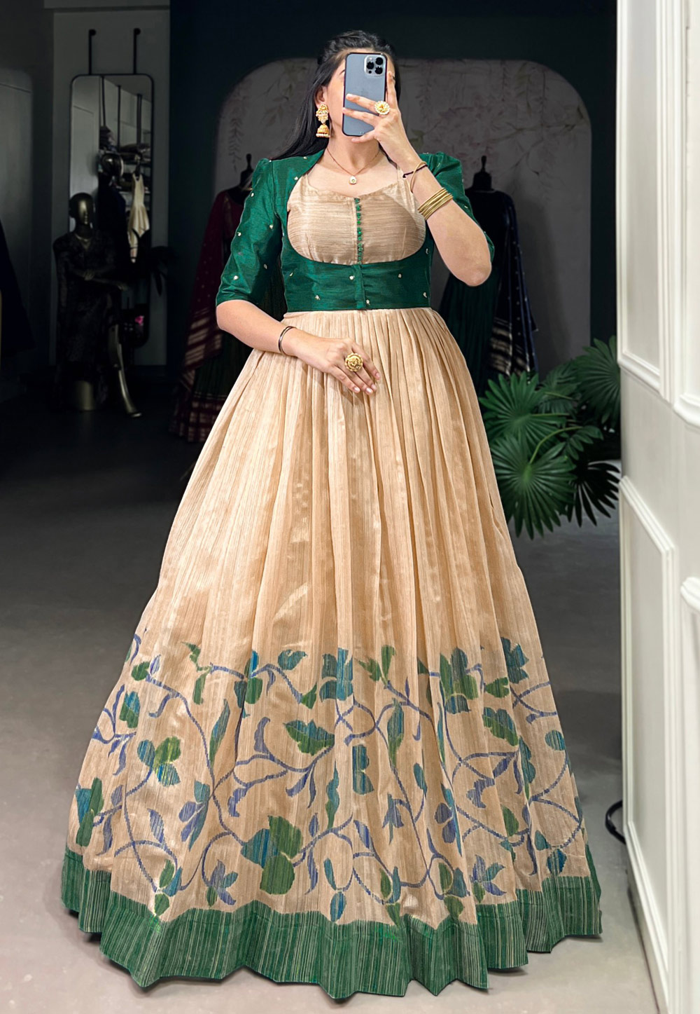 Green Silk Printed Gown 311081