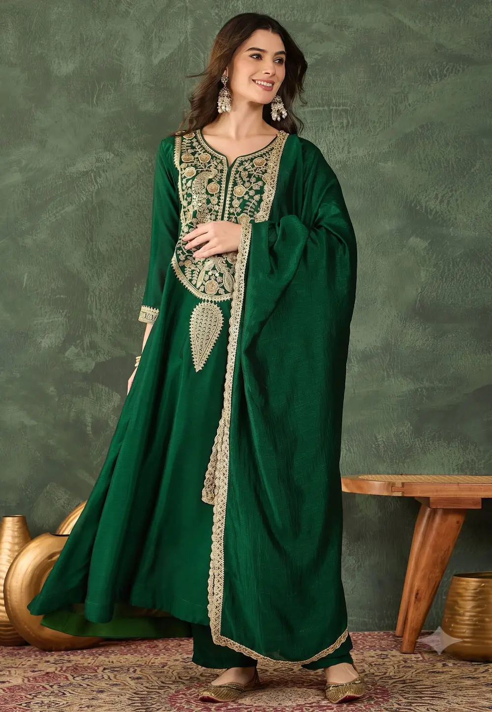 Green Silk Readymade Anarkali Suit 333594