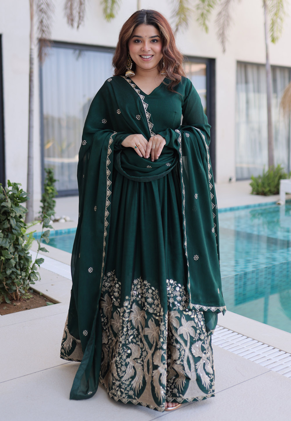 Green Silk Readymade Anarkali Suit 326099