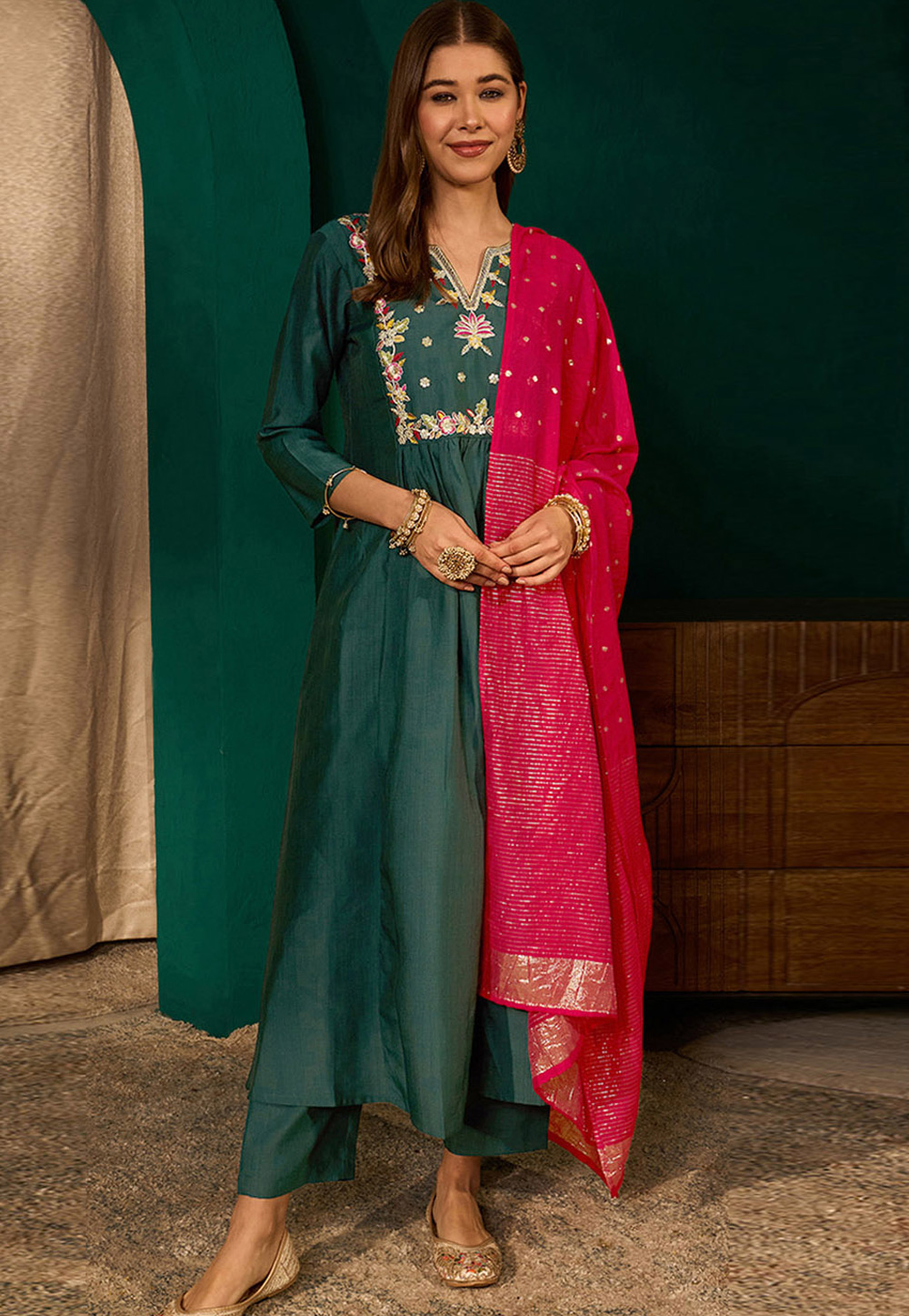 Green Silk Readymade Anarkali Suit 328782