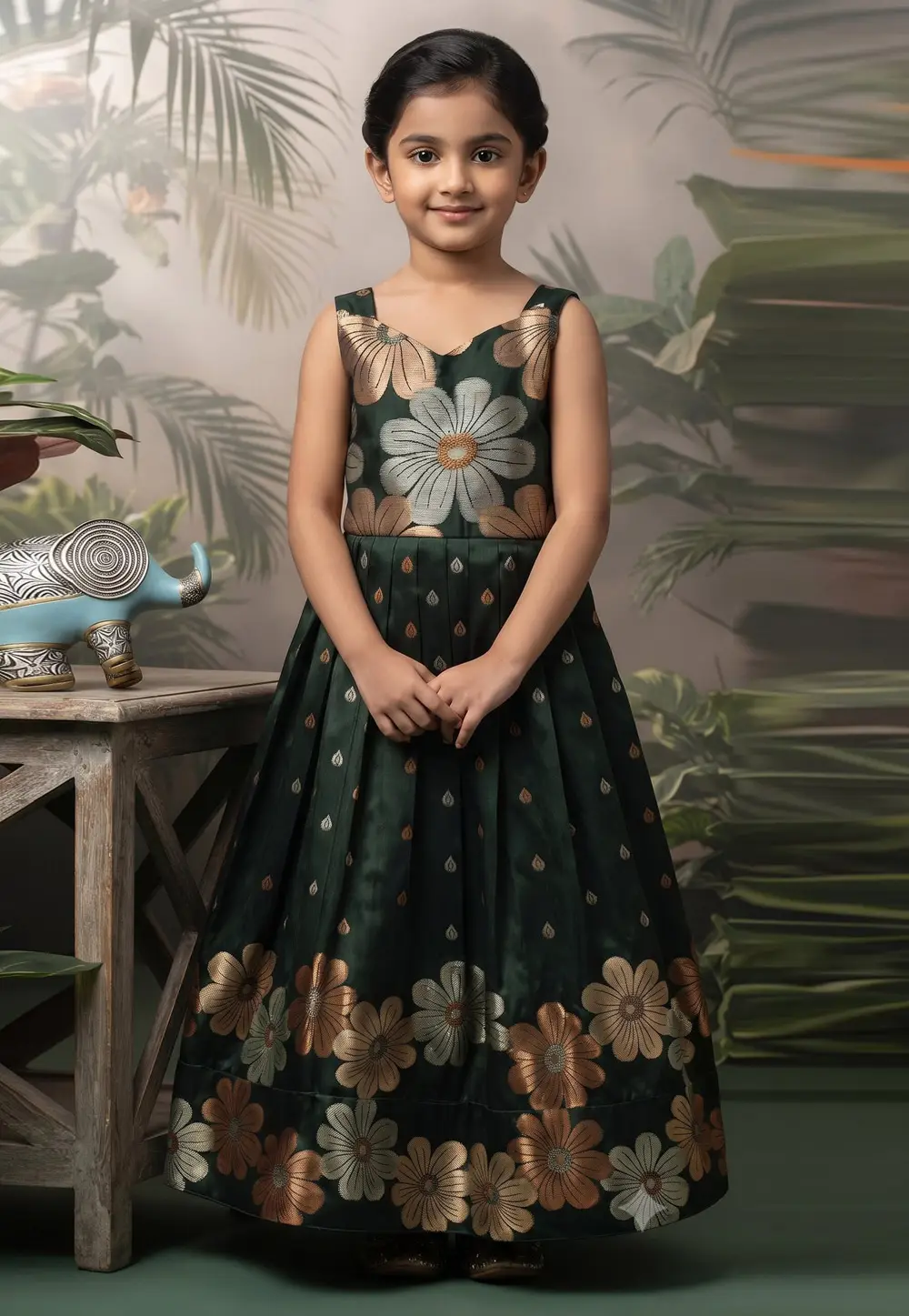 Green Silk Readymade Girls Gown 336293