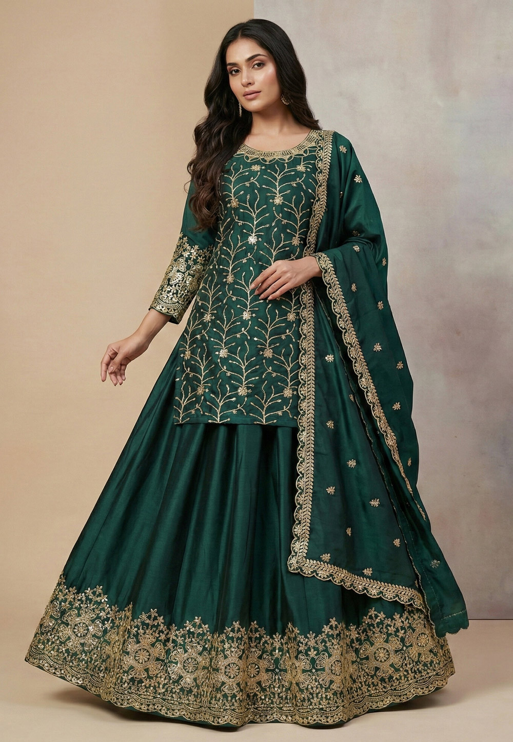Green Silk Readymade Indo Western Lehenga Choli 323688