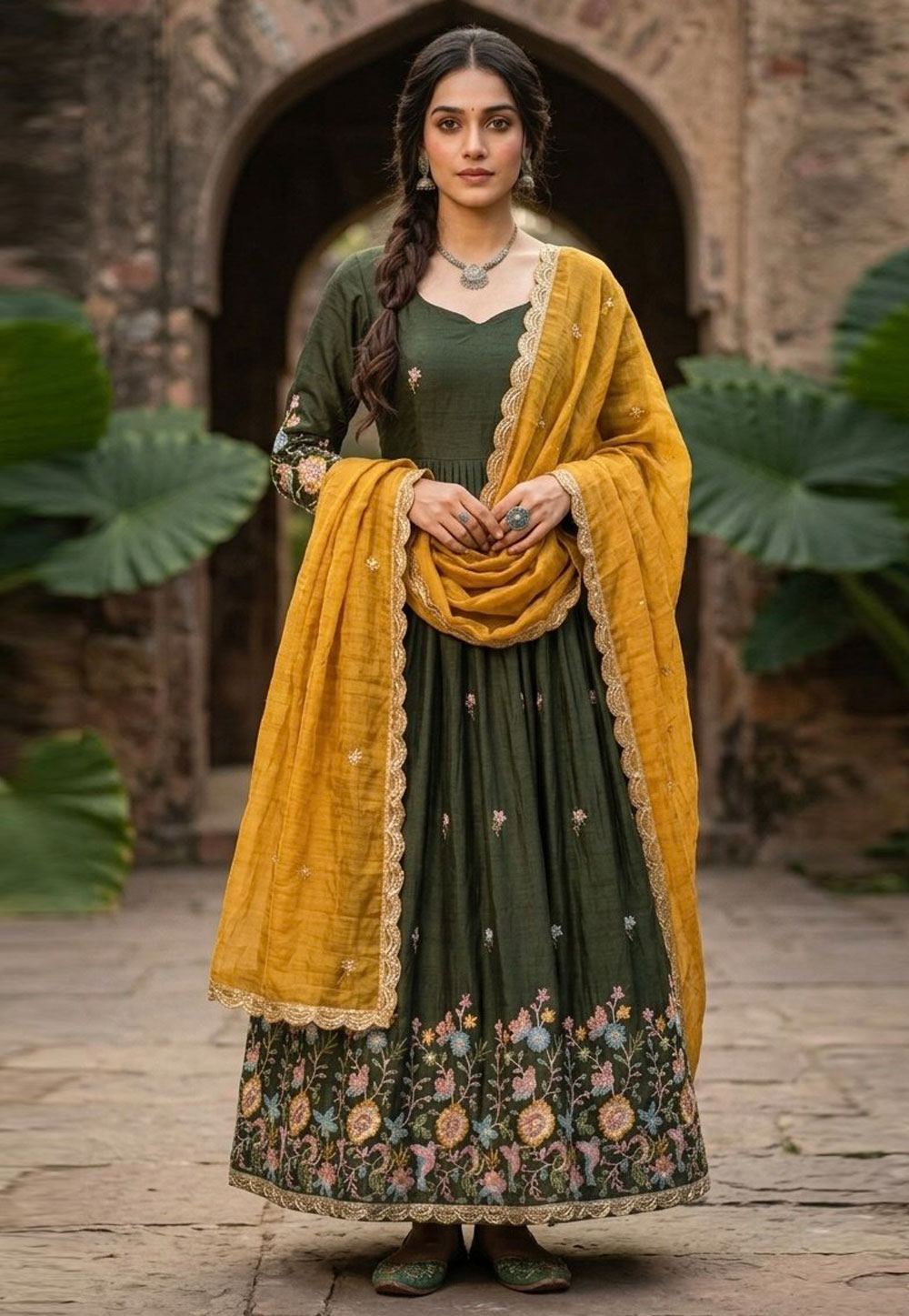 Green Silk Readymade Long Anarkali Suit 329619