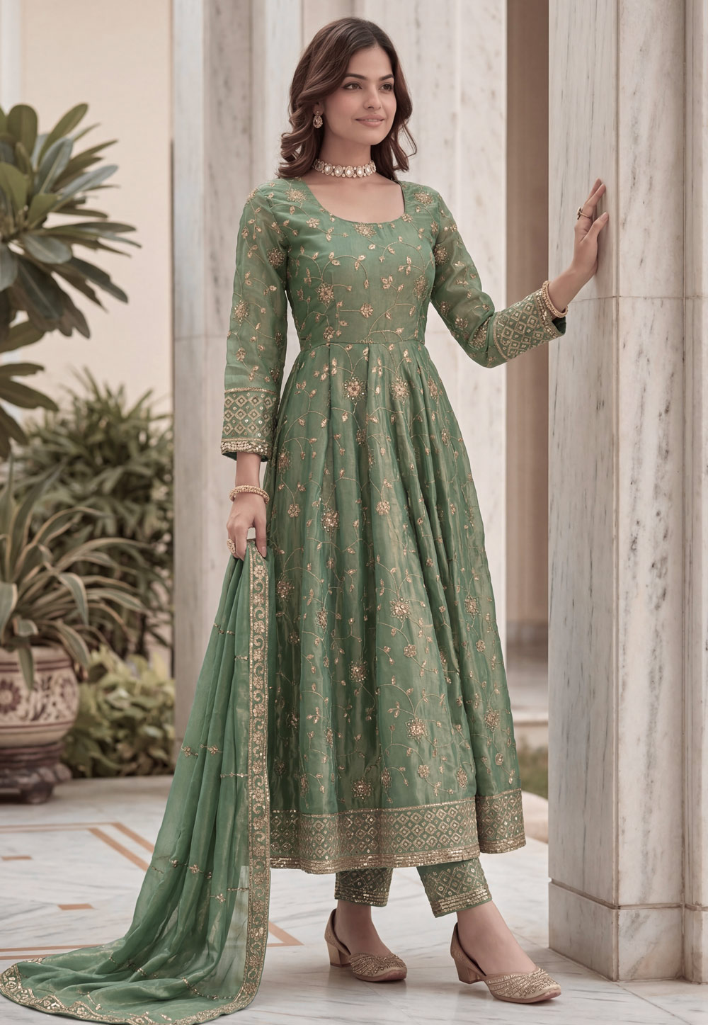 Green Silk Readymade Long Anarkali Suit 328289