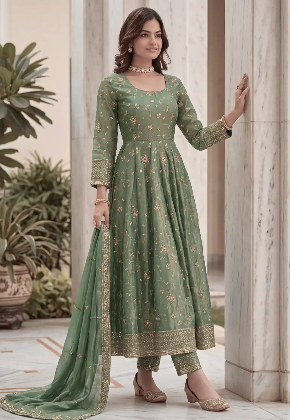 Green Silk Readymade Long Anarkali Suit 328289