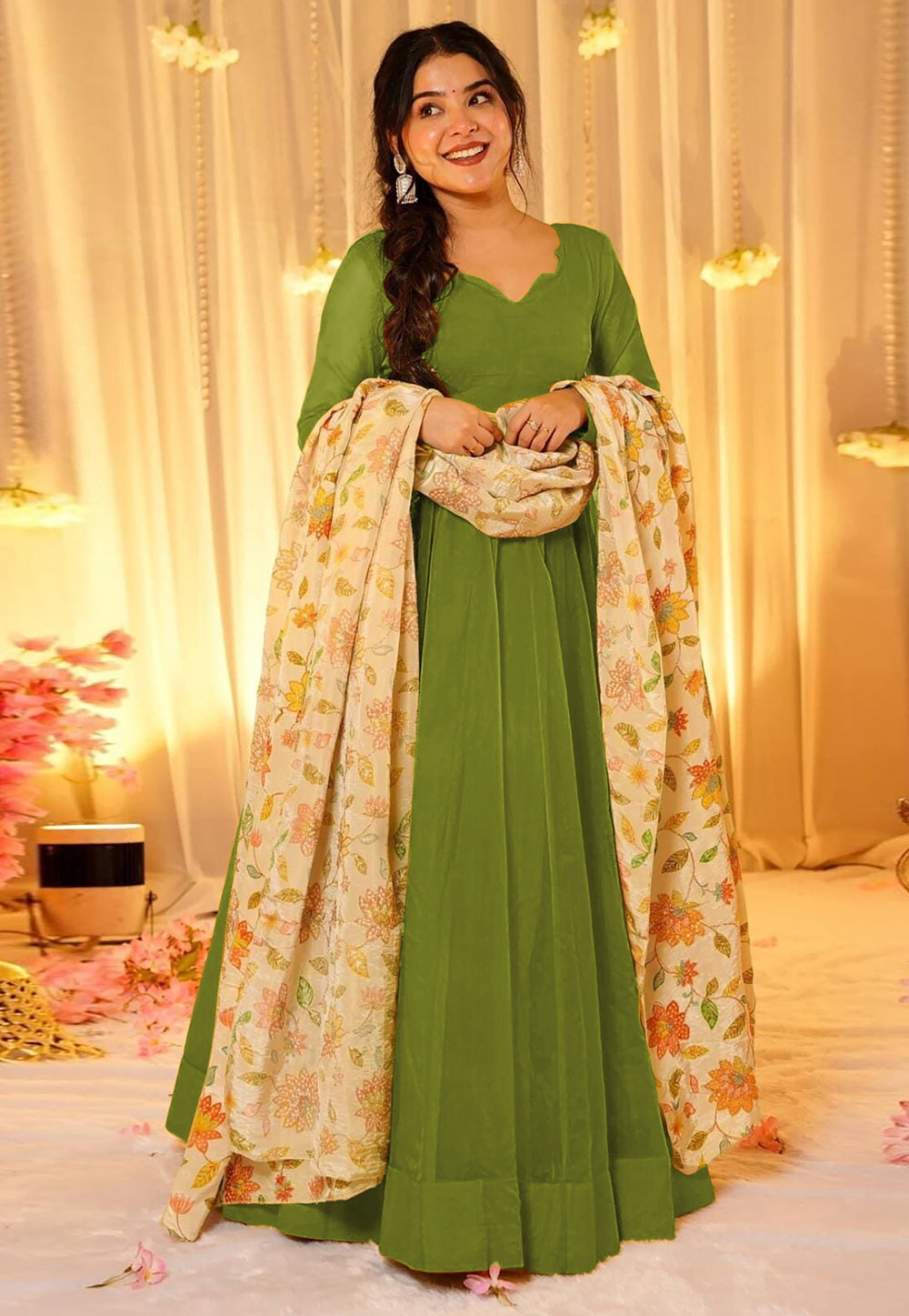 Green Silk Readymade Long Anarkali Suit 325898