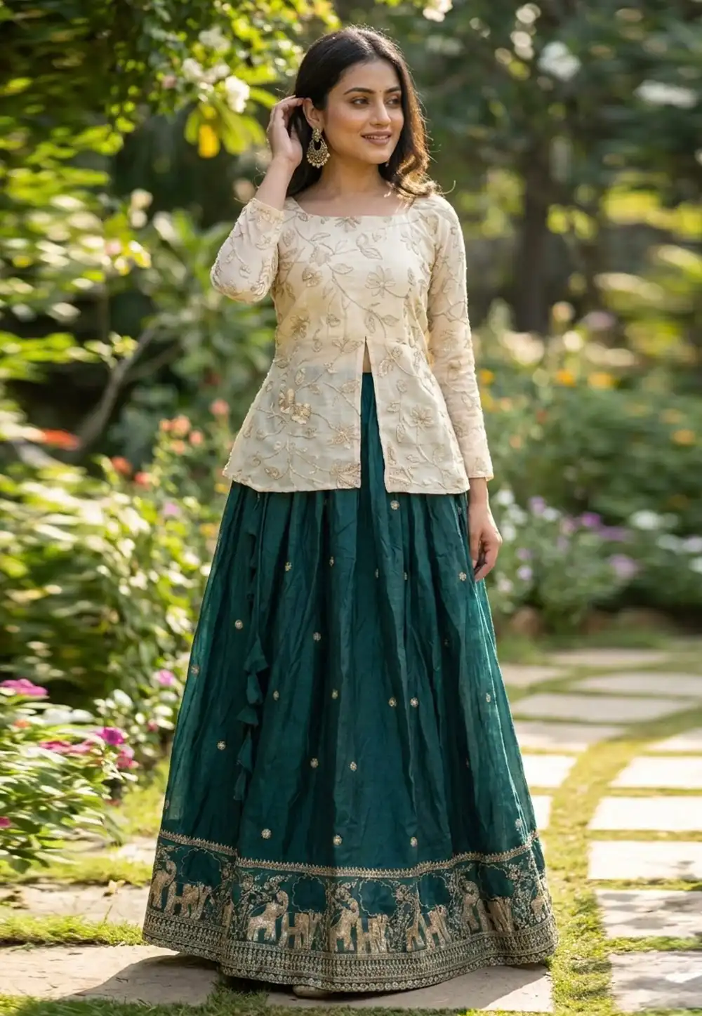 Green Silk Readymade Long Choli Lehenga 329813