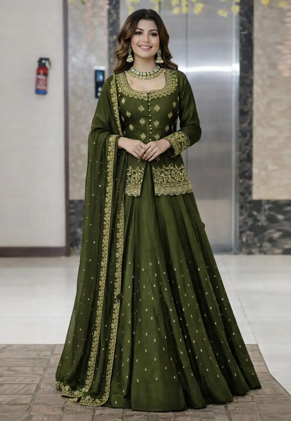 Green Silk Readymade Long Choli Lehenga 329602