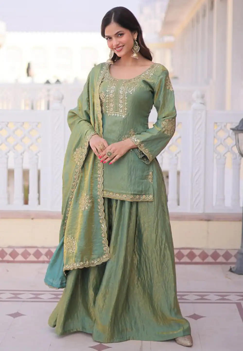 Green Silk Readymade Pakistani Suit 323464