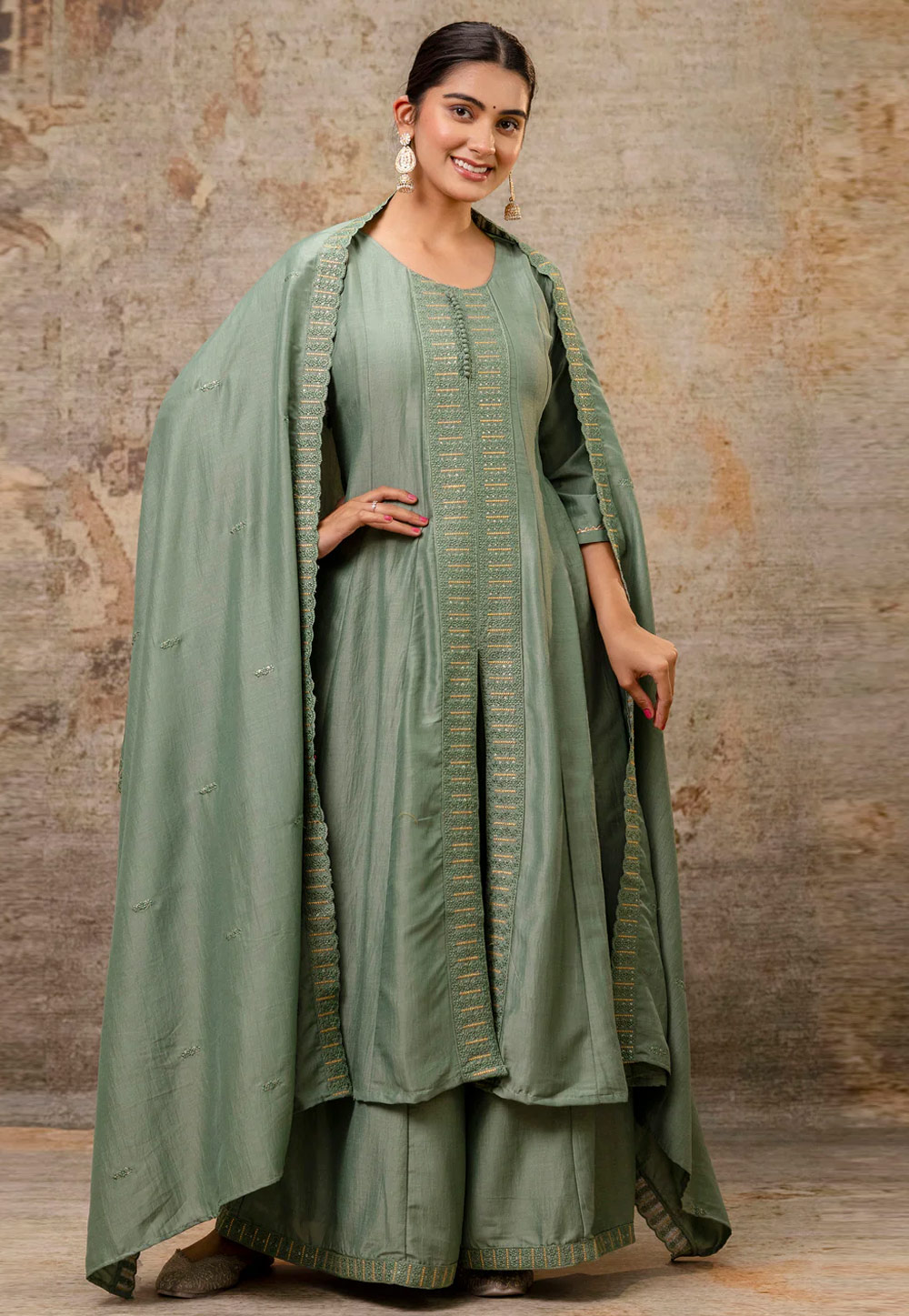 Green Silk Readymade Pakistani Suit 307071