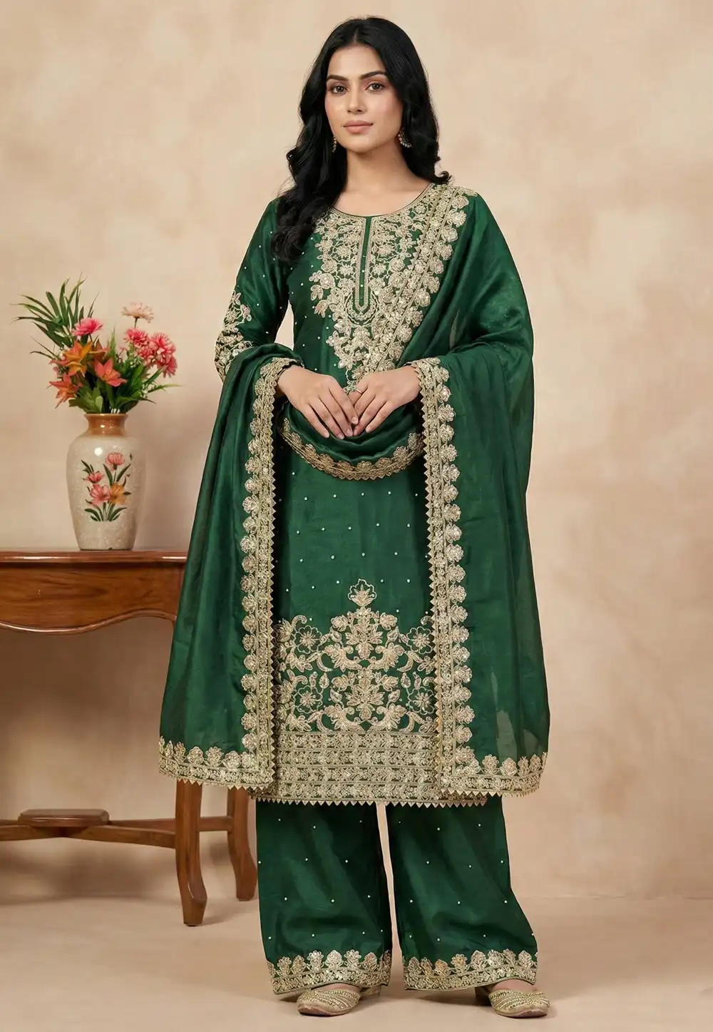 Green Silk Readymade Pakistani Suit 324983