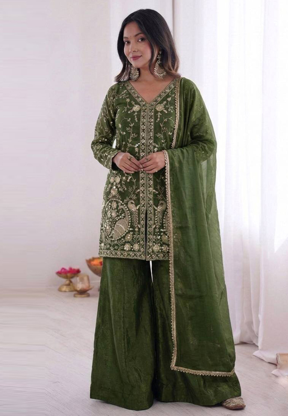 Green Silk Readymade Pakistani Suit 328297