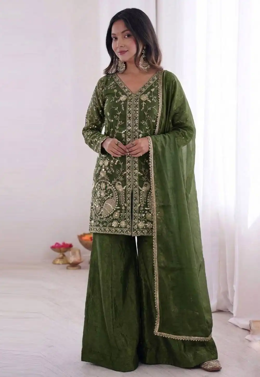 Green Silk Readymade Pakistani Suit 328297