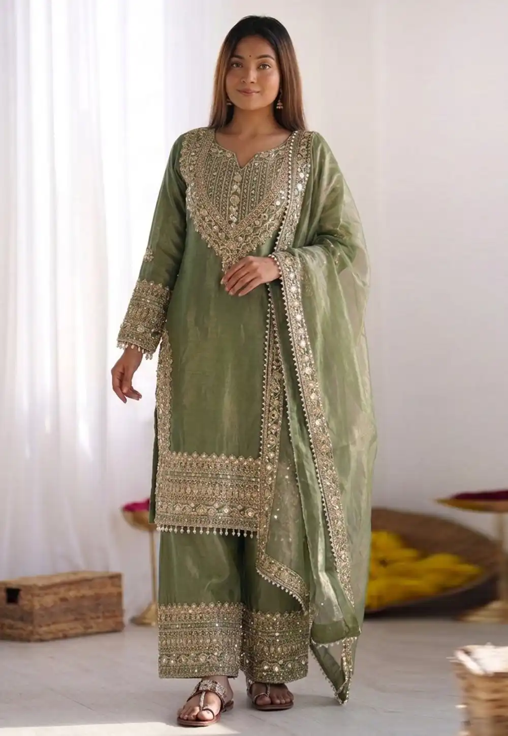 Green Silk Readymade Pakistani Suit 330358