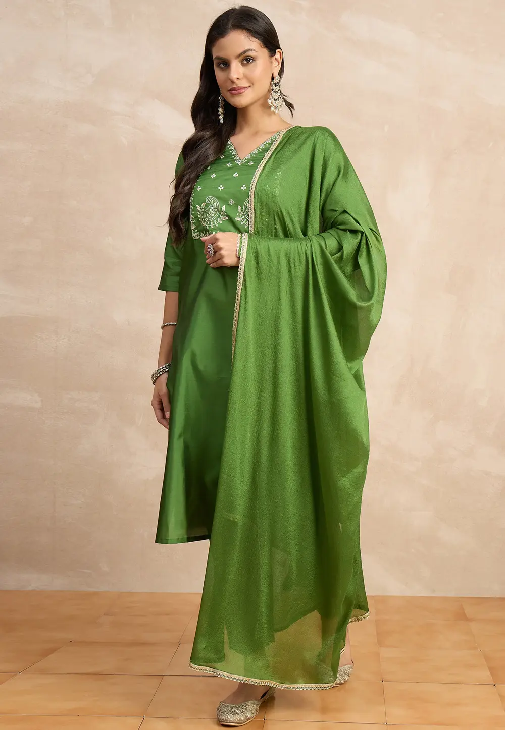 Green Silk Readymade Pakistani Suit 333430
