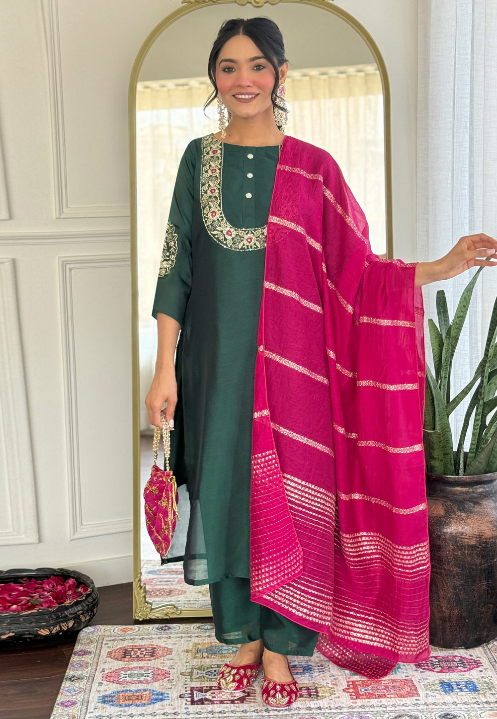 Green Silk Readymade Pakistani Suit 310884