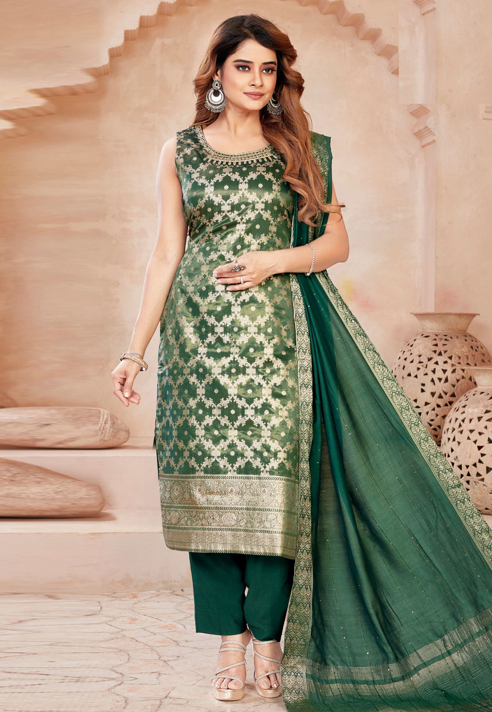 Green Silk Readymade Pakistani Suit 310880
