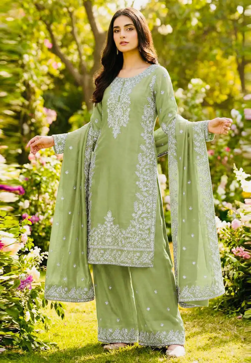 Green Silk Readymade Pakistani Suit 324530