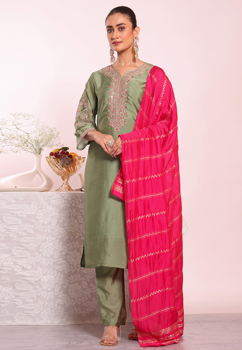 Green Silk Readymade Pakistani Suit 325516