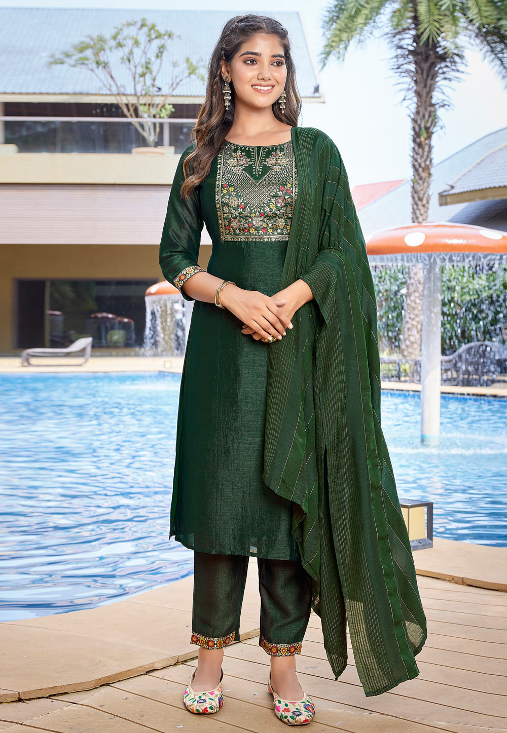 Green Silk Readymade Pakistani Suit 308406