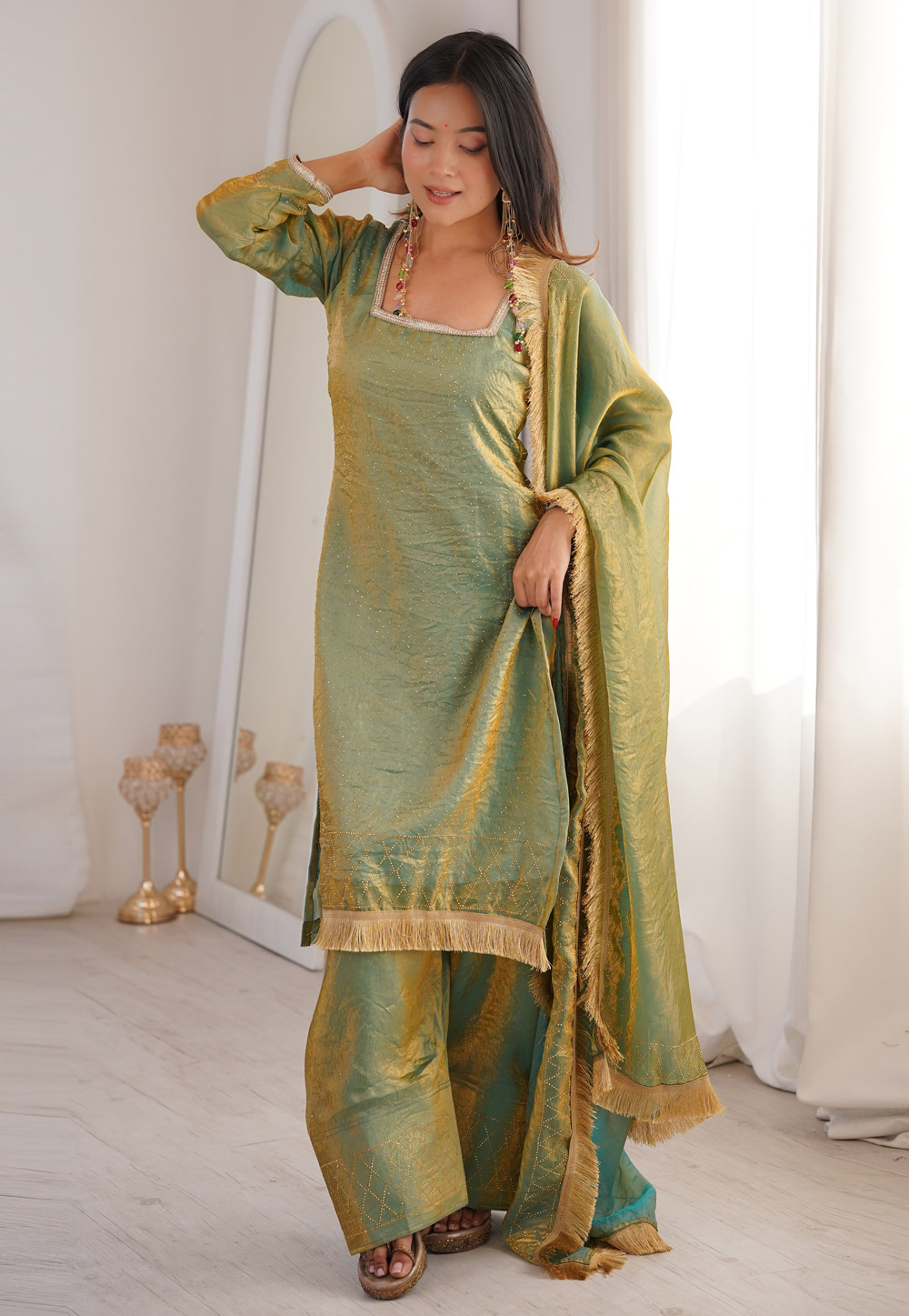 Green Silk Readymade Palazzo Suit 324142