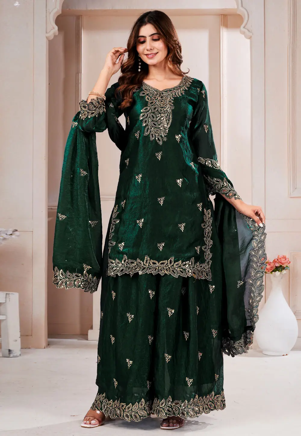 Green Silk Readymade Palazzo Suit 336753