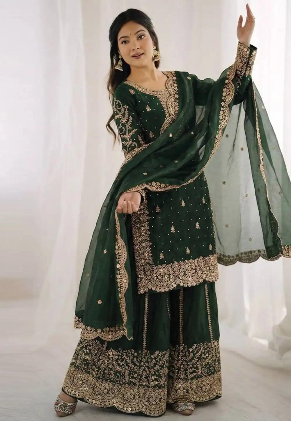 Green Silk Readymade Palazzo Suit 327678