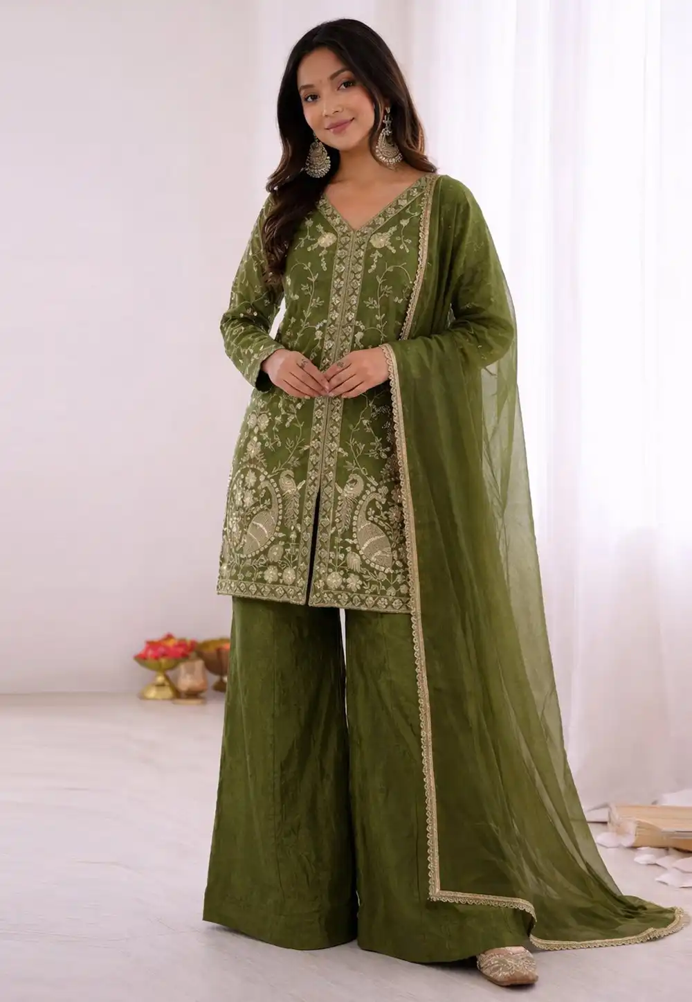 Green Silk Readymade Palazzo Suit 327336