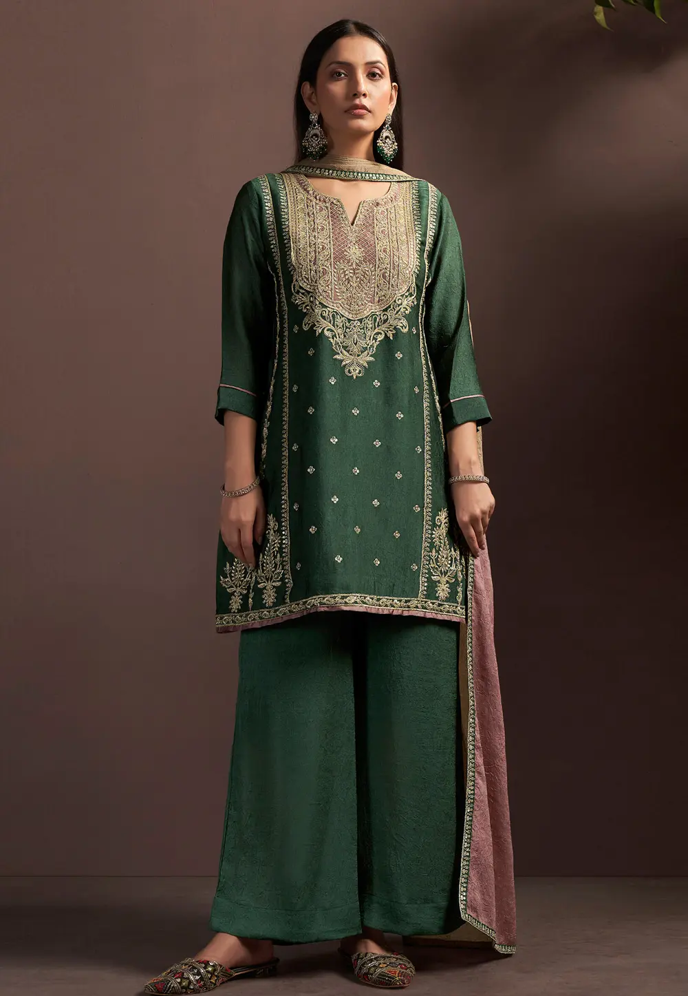 Green Silk Readymade Palazzo Suit 331493