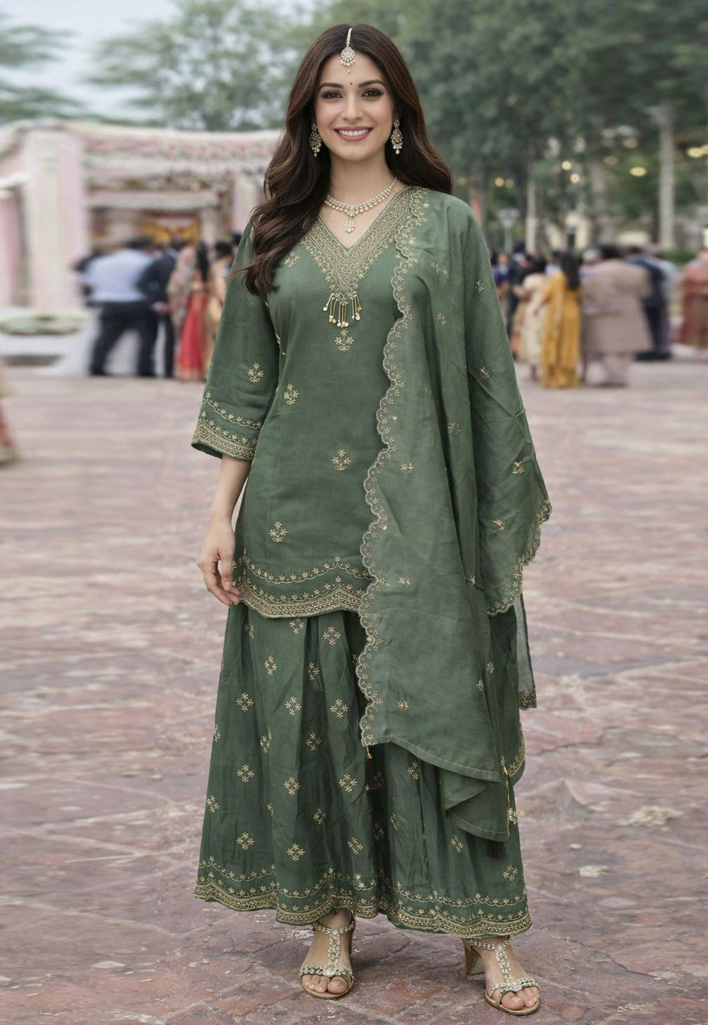 Green Silk Readymade Palazzo Suit 326621