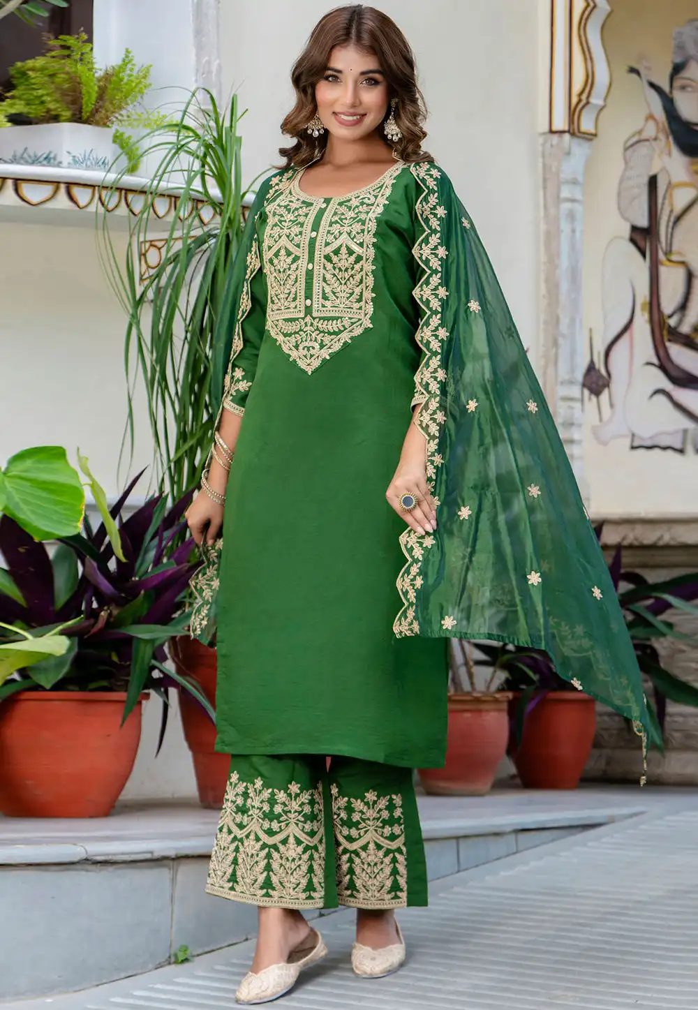 Green Silk Readymade Palazzo Suit 329973