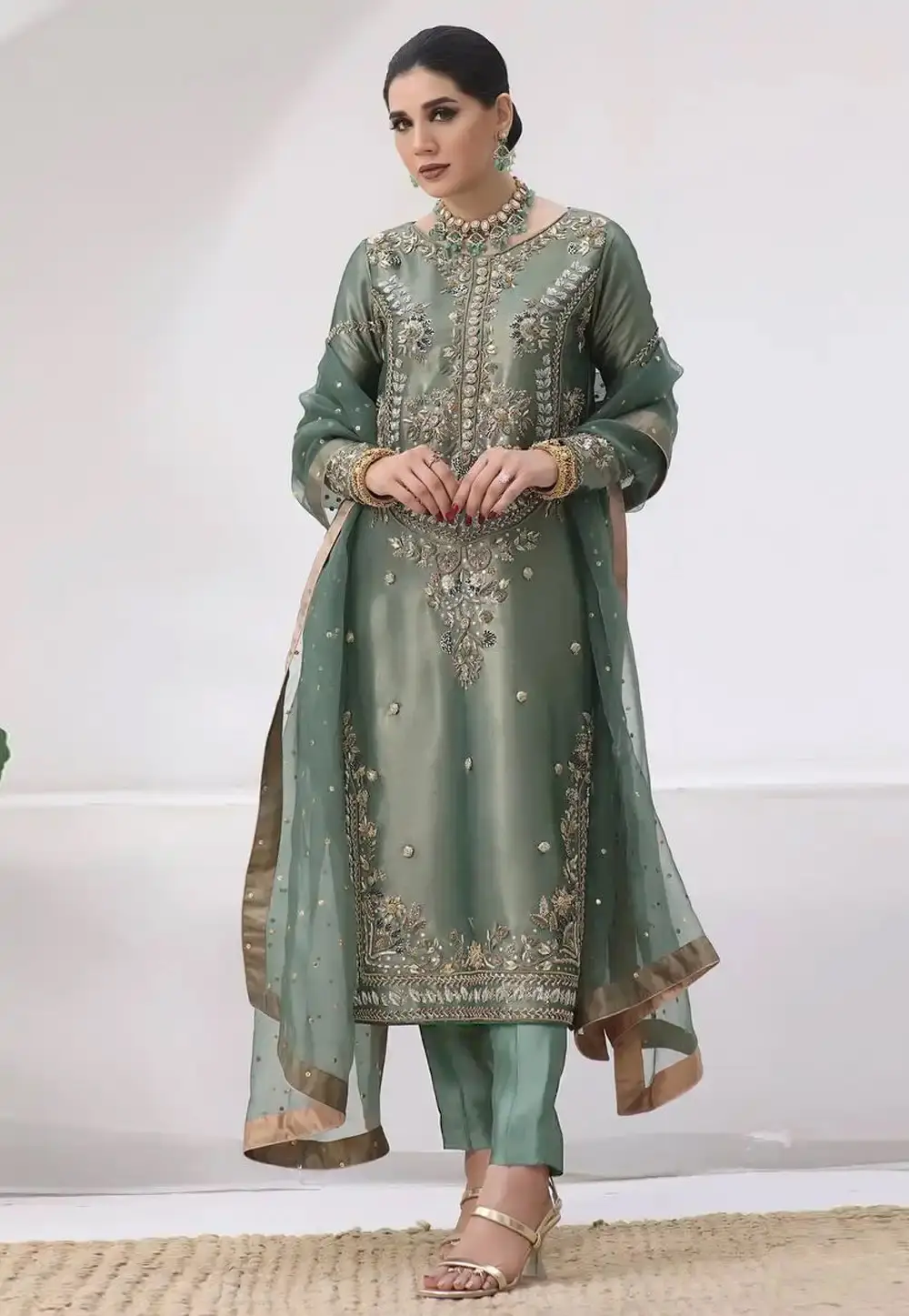 Green Silk Readymade Pant Style Suit 321883