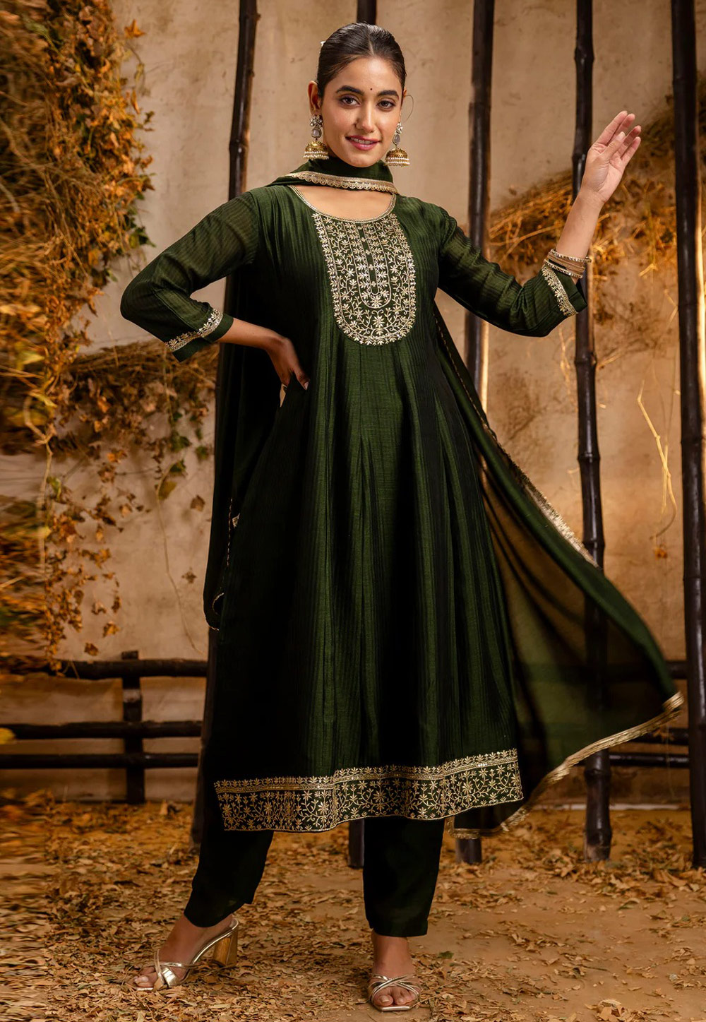Green Silk Readymade Pant Style Suit 306928