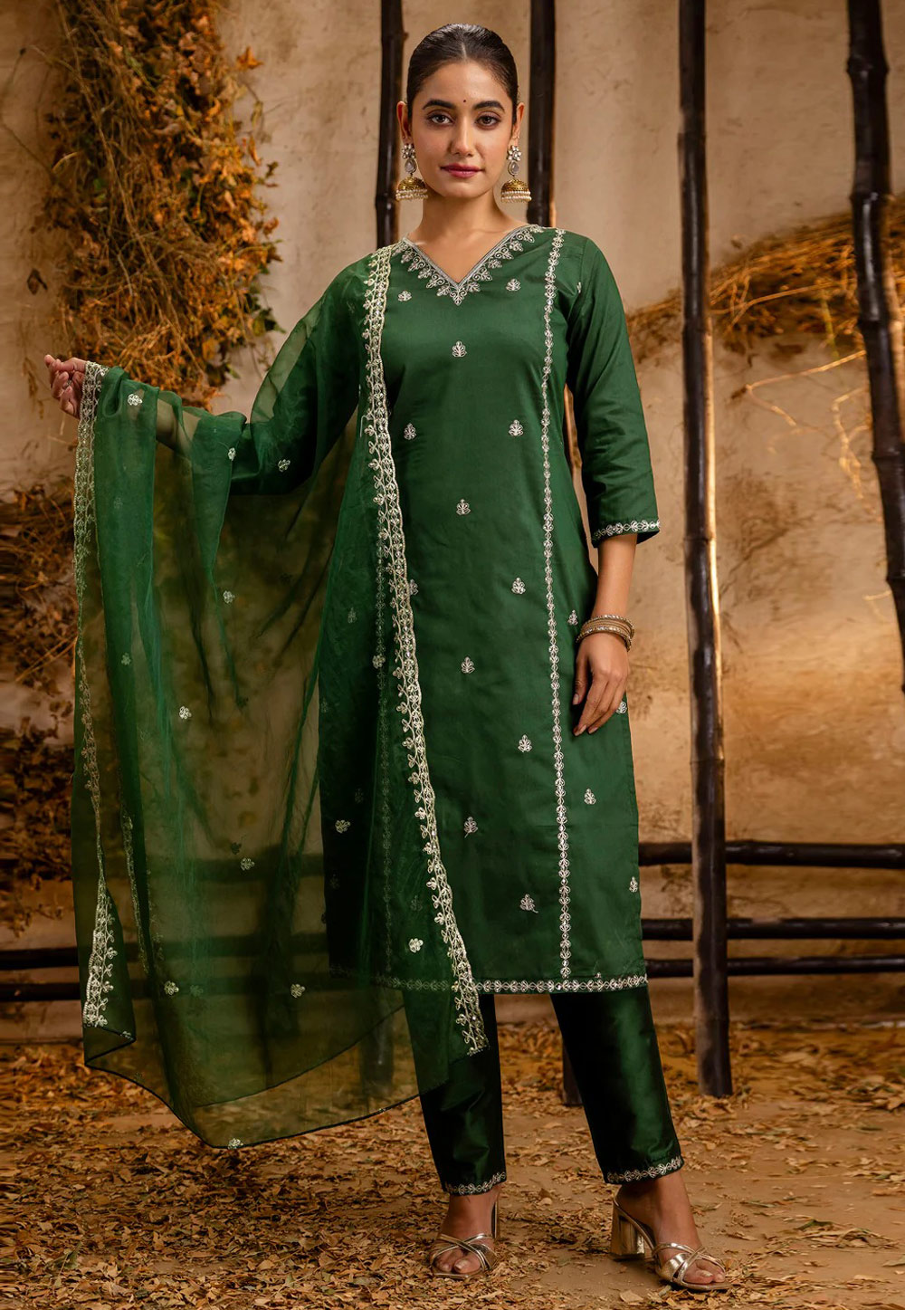 Green Silk Readymade Pant Style Suit 307288