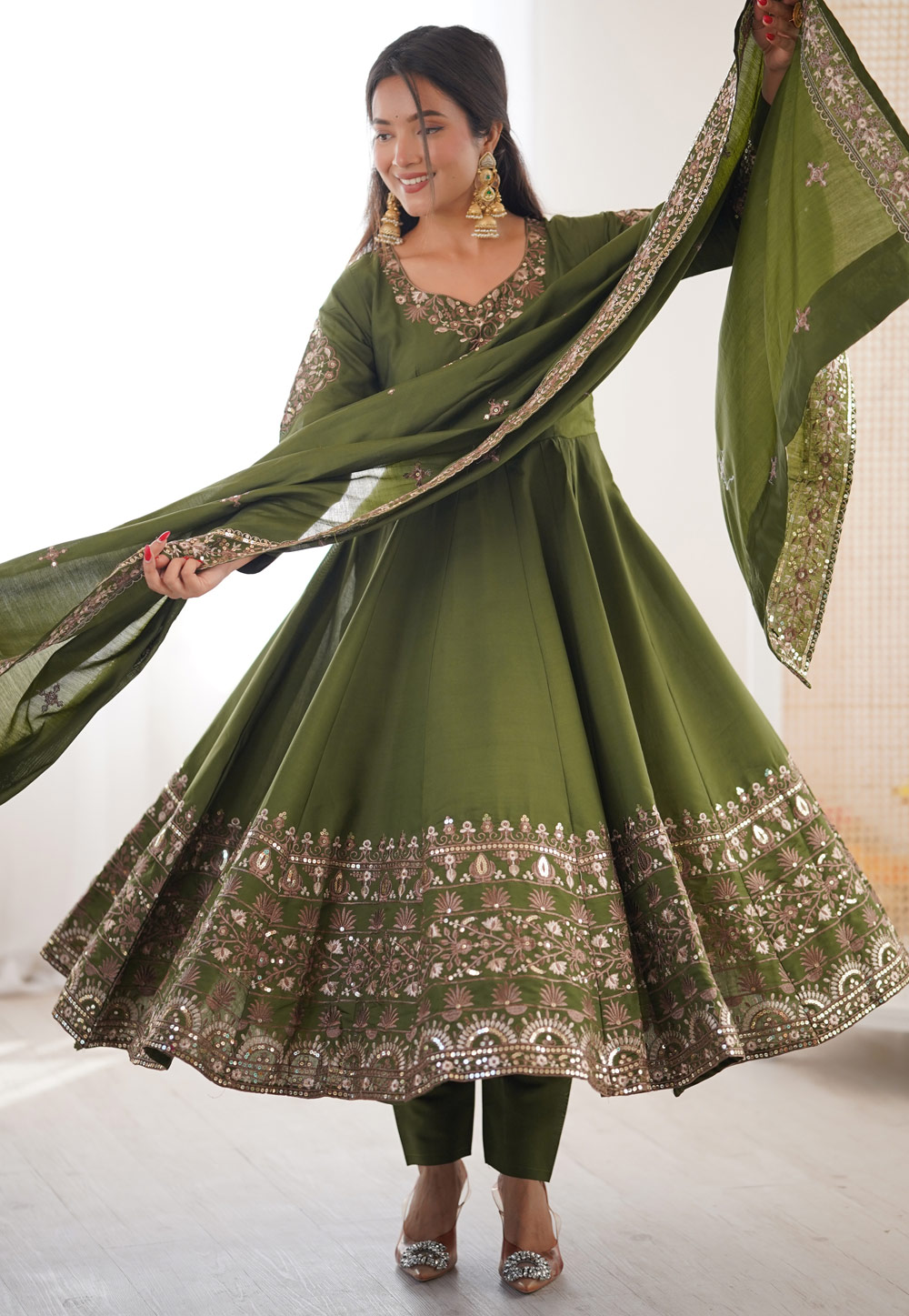 Green Silk Readymade Pant Style Suit 324890
