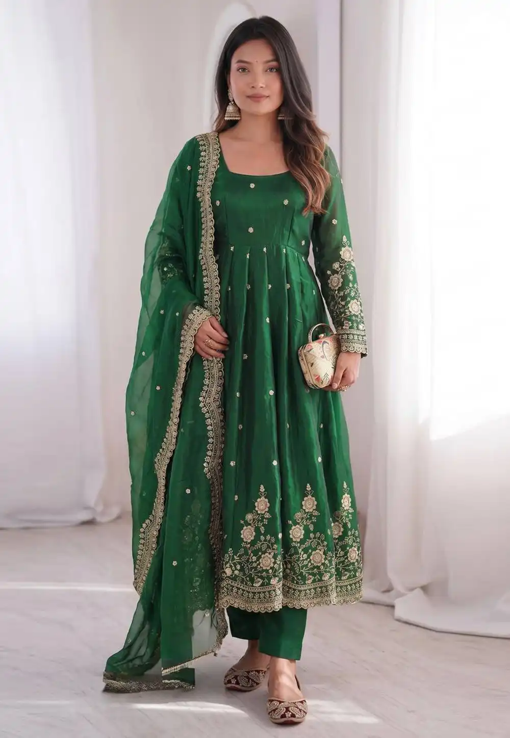 Green Silk Readymade Pant Style Suit 329660